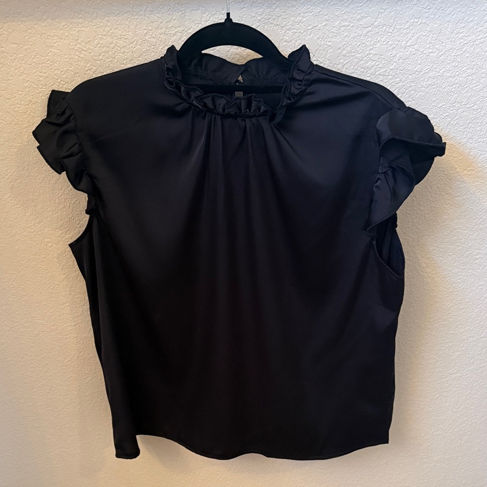 Women’s Black Ruffle Neck Cap Sleeve Top